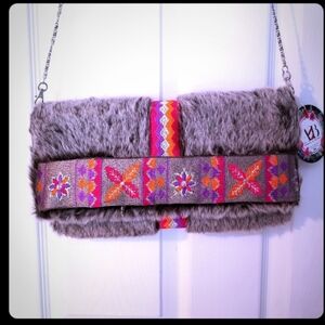 America & Beyond Faux Fur Clutch with Colorful Embroidery